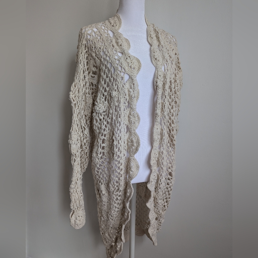 Vintage Handknit Cream Mid Length Crochet Boho Duster Cardigan S Ramie Cotton
